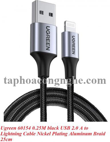 Ugreen 60154 0.25M màu đen cáp MFI USB 2.0 A ra Lightning đầu bọc nhôm mạ nickel chống nhiễu 25cm US291 30060154